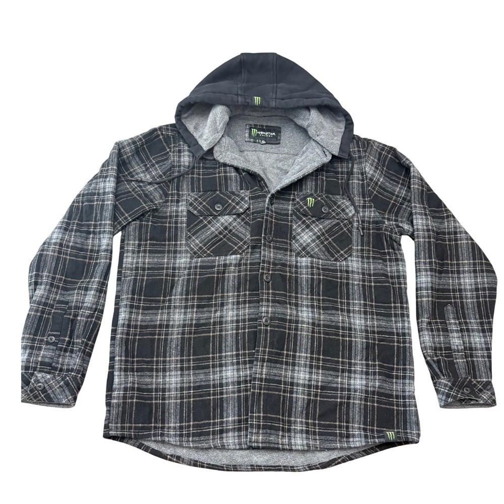 Monster Energy Flannel Shirt Mens XL Black  Plaid Hooded Jacket Removeable Hood